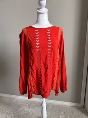Sundance Orange Long Sleeve Boho Sheer Inset Blouse